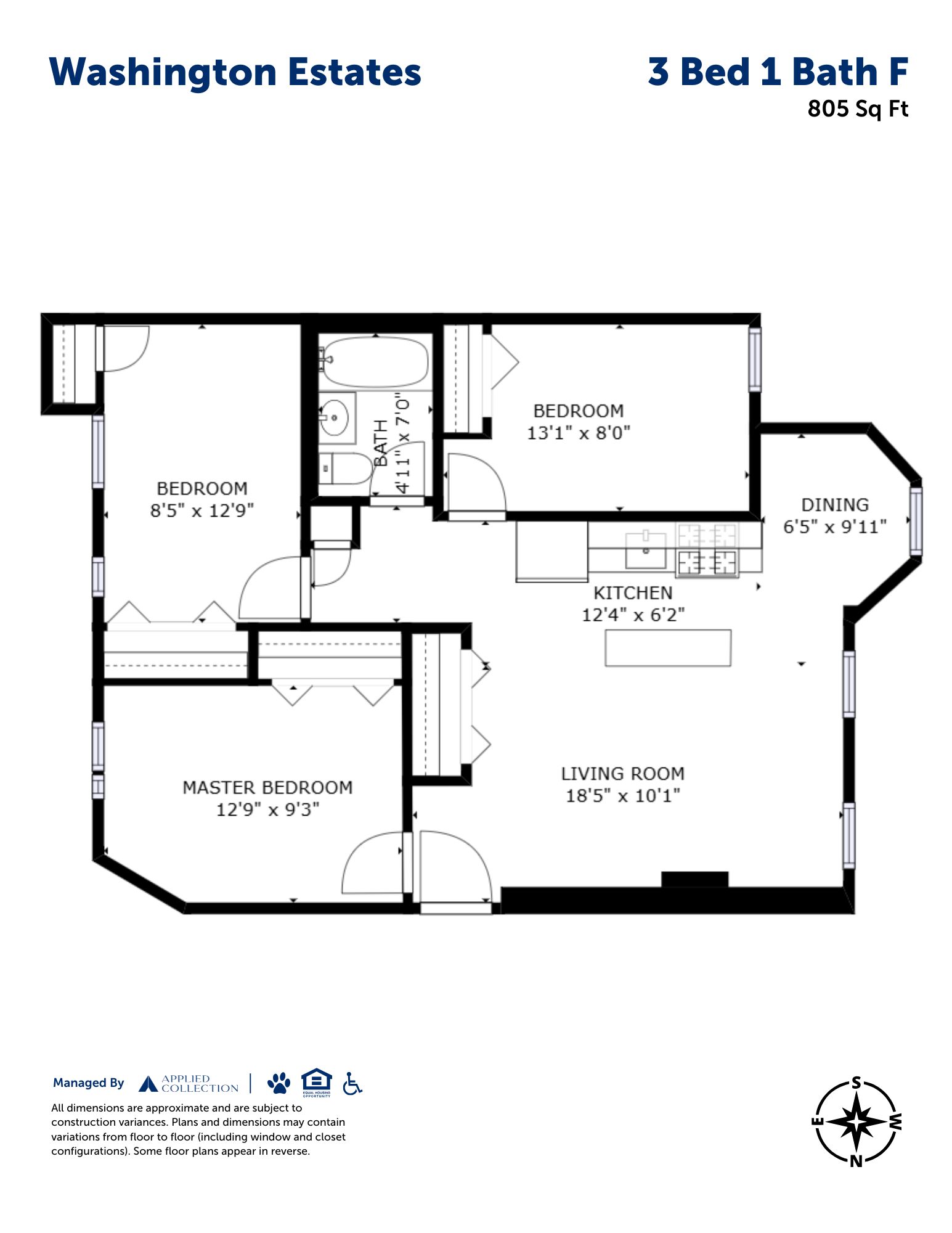 Floor plan for 3 beds, 1 bath, 805 sqft